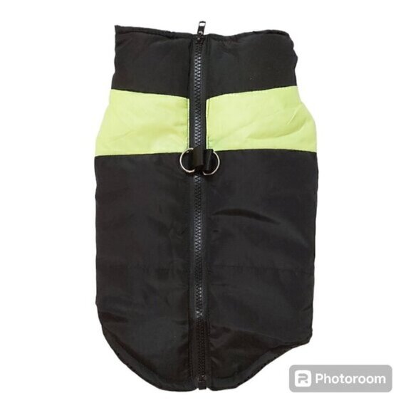 Black Dog Winter Coat with Fluorescent Green Stripe - Zipper Closure, Size Small - Picture 1 of 7